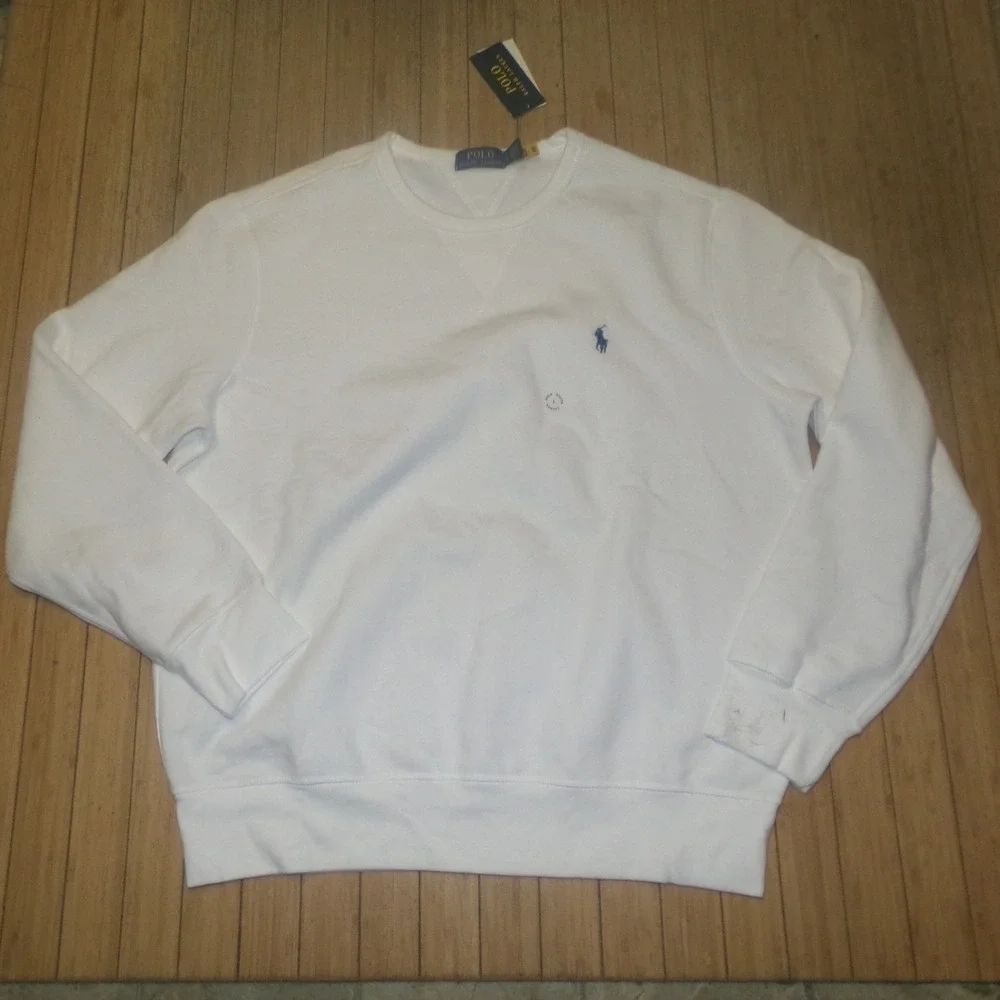 Polo Ralph Lauren Mens LRG White Fleece Crewneck Sweatshirt Navy Pony Logo NWT